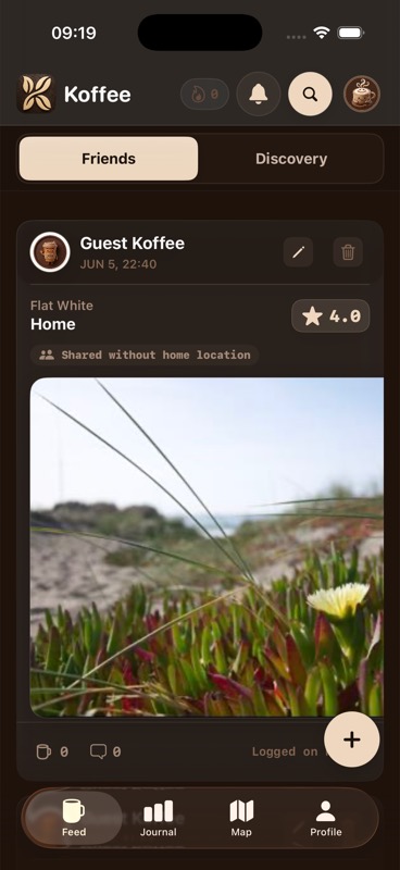 Koffee on iPhone showing a coffee post shared without its exact home location